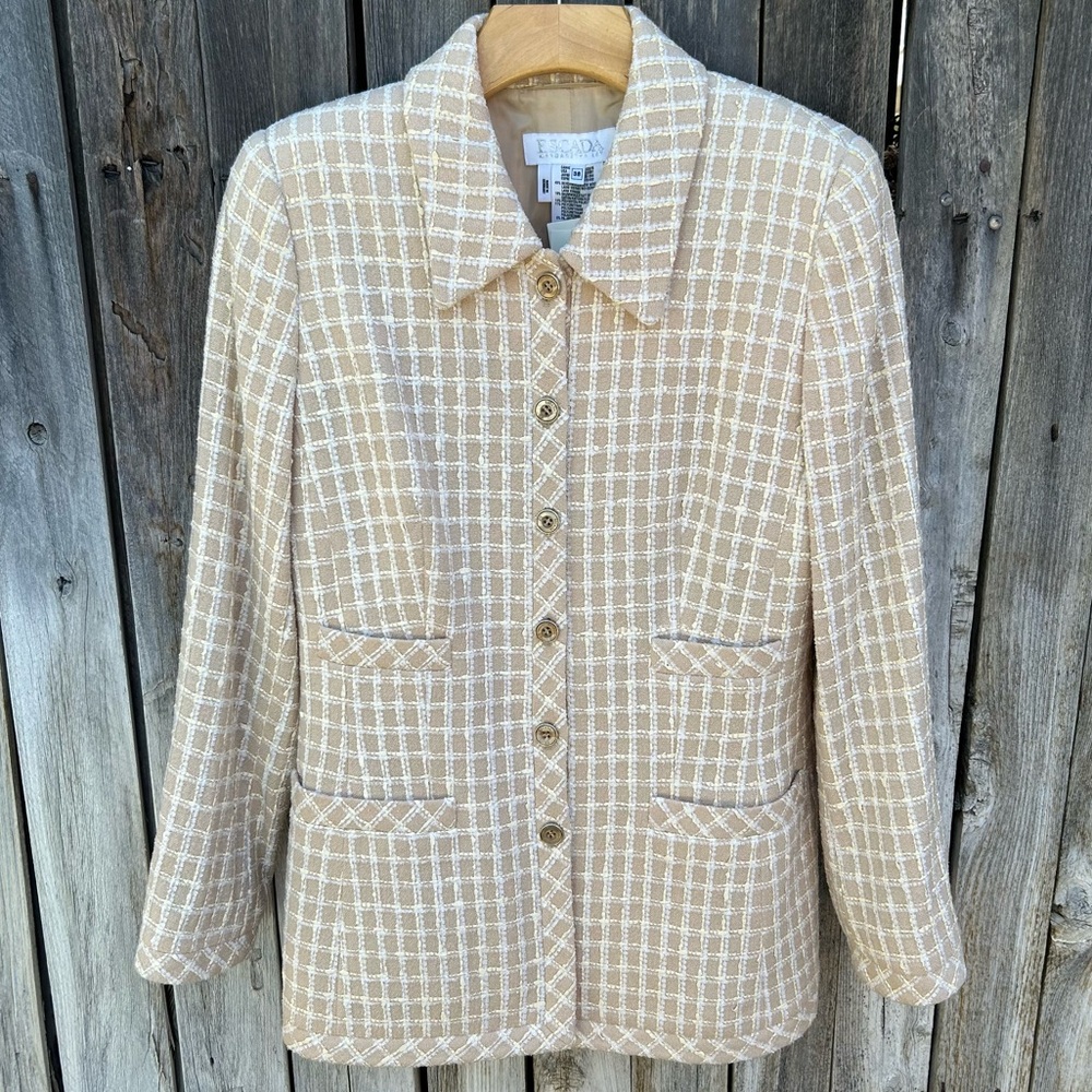 NWT Escada Vintage Tweed Jacket Blazer Wool Blend Camel Tan Cream 38